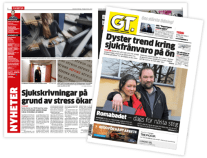 Framsida av Gotlands Tidningar publicerad den 28 mars 2023 samt artikel relaterad till statistik över stressrelaterade sjukskrivningar på Gotland