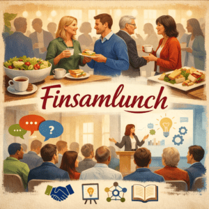 Minglande människor och människor på föreläsning. Med texten Finsamlunch. Genererad av CharGPT.
